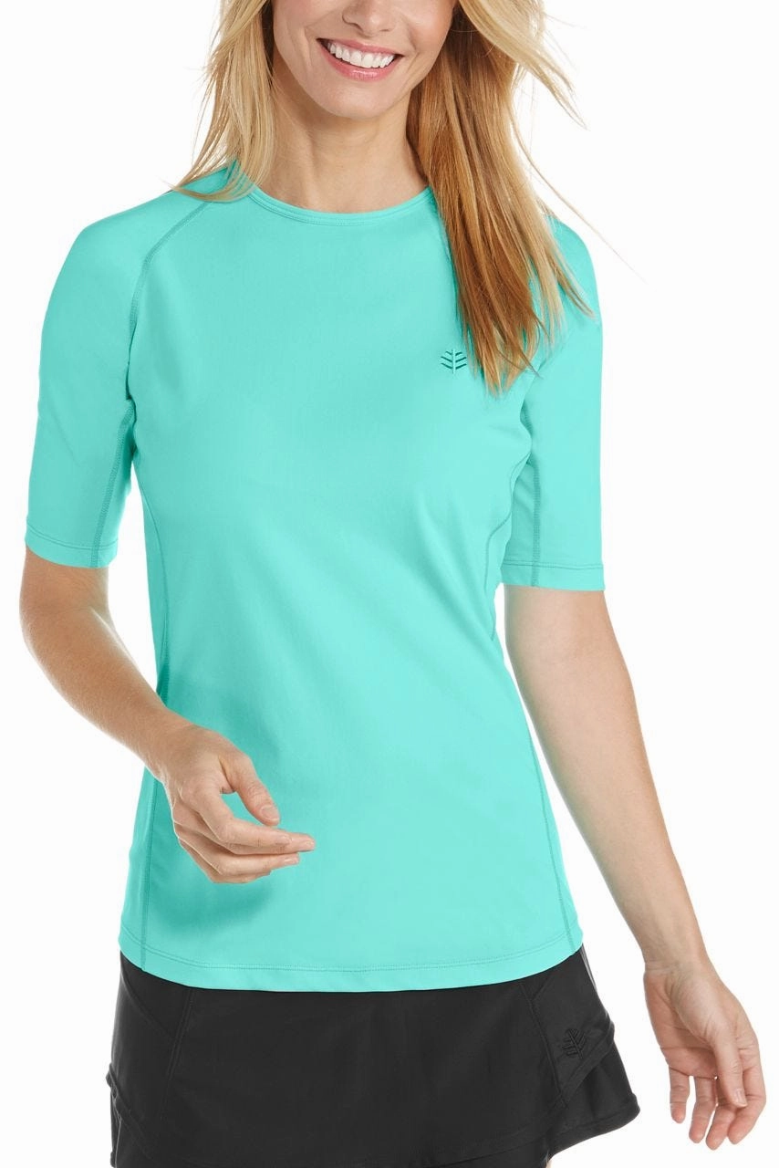 Women's Hightide Short Sleeve Swim Shirt  | Tropical Mint adjustable swimsuits for women, breathable swimwear for ladies