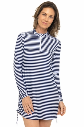 Women's Key Biscayne Ruche Swim Top | White/Navy Stripe adjustable swimsuits for women, breathable swimwear for ladies