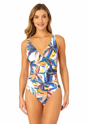 Women's Riviera Floral Soft Band Shirred One Piece Swimsuit supportive one piece swimwear, stretch fit one piece suits