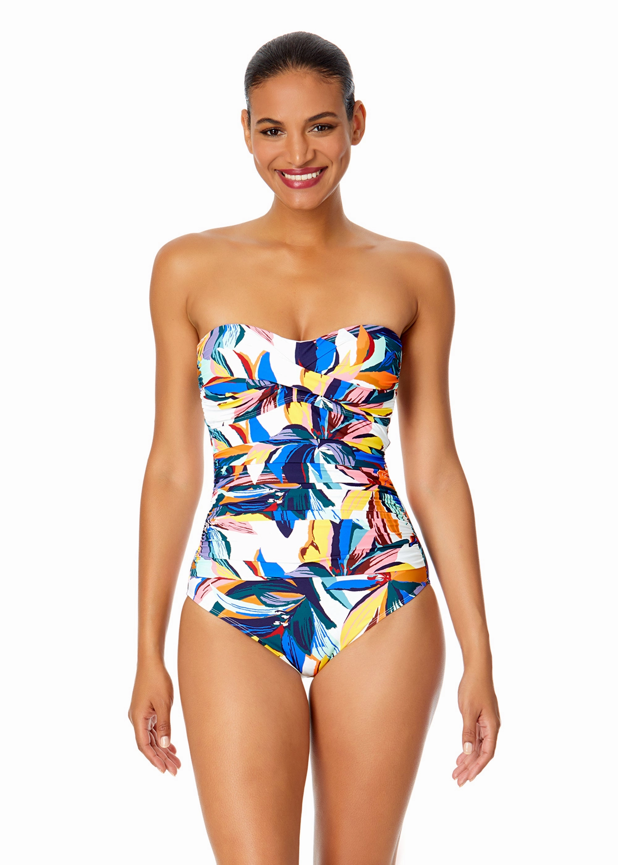 Women's Riviera Floral Twist Front Shirred One Piece Swimsuit supportive one piece swimwear, stretch fit one piece suits