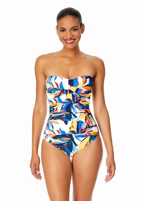 Women's Riviera Floral Twist Front Shirred One Piece Swimsuit supportive one piece swimwear, stretch fit one piece suits