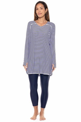 Women's Seacoast Swim Cover-Up Dress | White/Navy Stripe womens athletic swimwear, performance swimwear for women