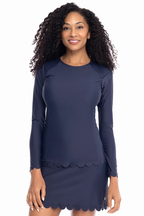 Women's Stony Coral Scallop Long Sleeve Rash Guard | Navy adjustable swimsuits for women, breathable swimwear for ladies