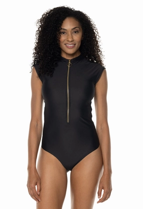 Women's Sweetwater Cap Sleeve One Piece | Black adjustable swimsuits for women, breathable swimwear for ladies