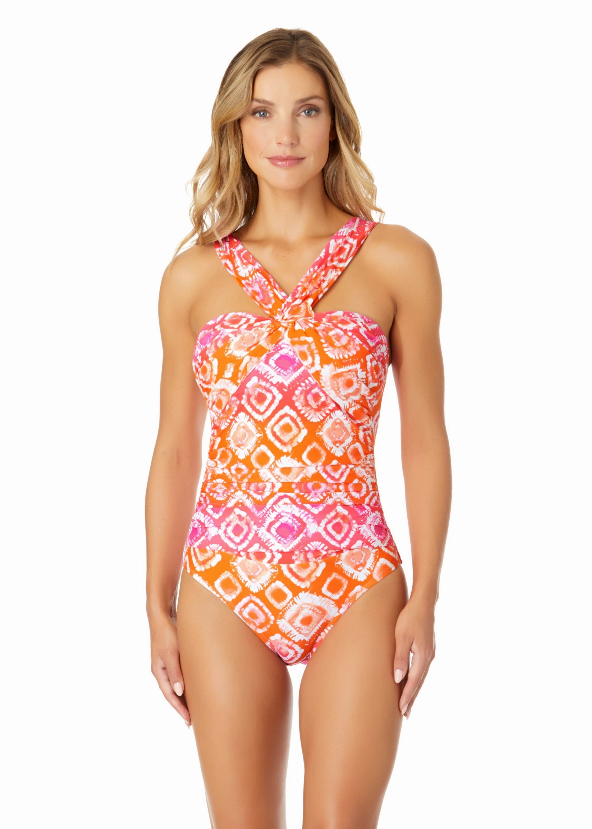 Women's Tie Dye Foulard Twist Shirred One Piece Swimsuit supportive one piece swimwear, stretch fit one piece suits