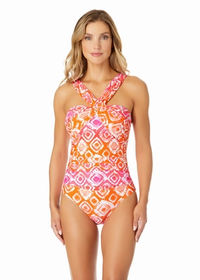 Women's Tie Dye Foulard Twist Shirred One Piece Swimsuit supportive one piece swimwear, stretch fit one piece suits