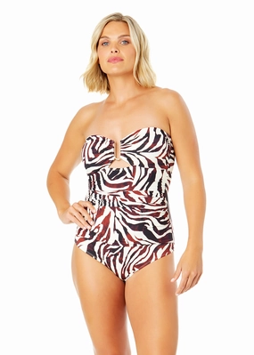 Women's Tiger Dance Ring Front Bandeau One Piece Swimsuit supportive one piece swimwear, stretch fit one piece suits