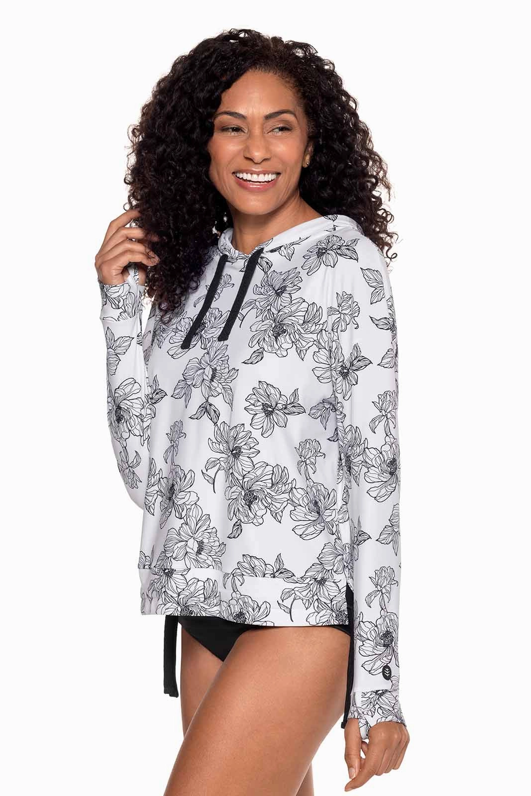 Women's Waikal Swim Hoodie | White/Black Perfect Peony womens athletic swimwear, performance swimwear for women