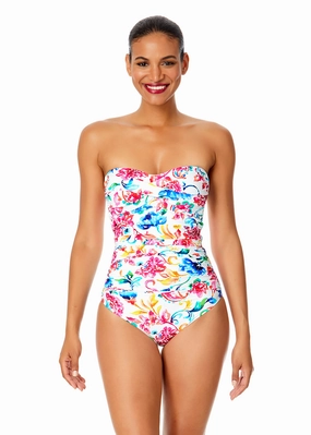 Women's Watercolor Paisley Twist Front Shirred One Piece Swimsuit supportive one piece swimwear, stretch fit one piece suits