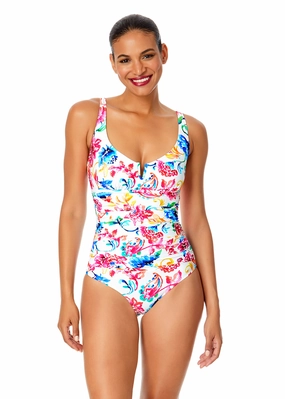 Women's Watercolor Paisley V-Wire One Piece Swimsuit supportive one piece swimwear, stretch fit one piece suits