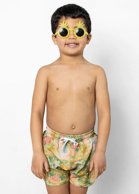 Wonderland Floral | Mini Retro Shorties boys summer swimwear, boys rash guard swim sets