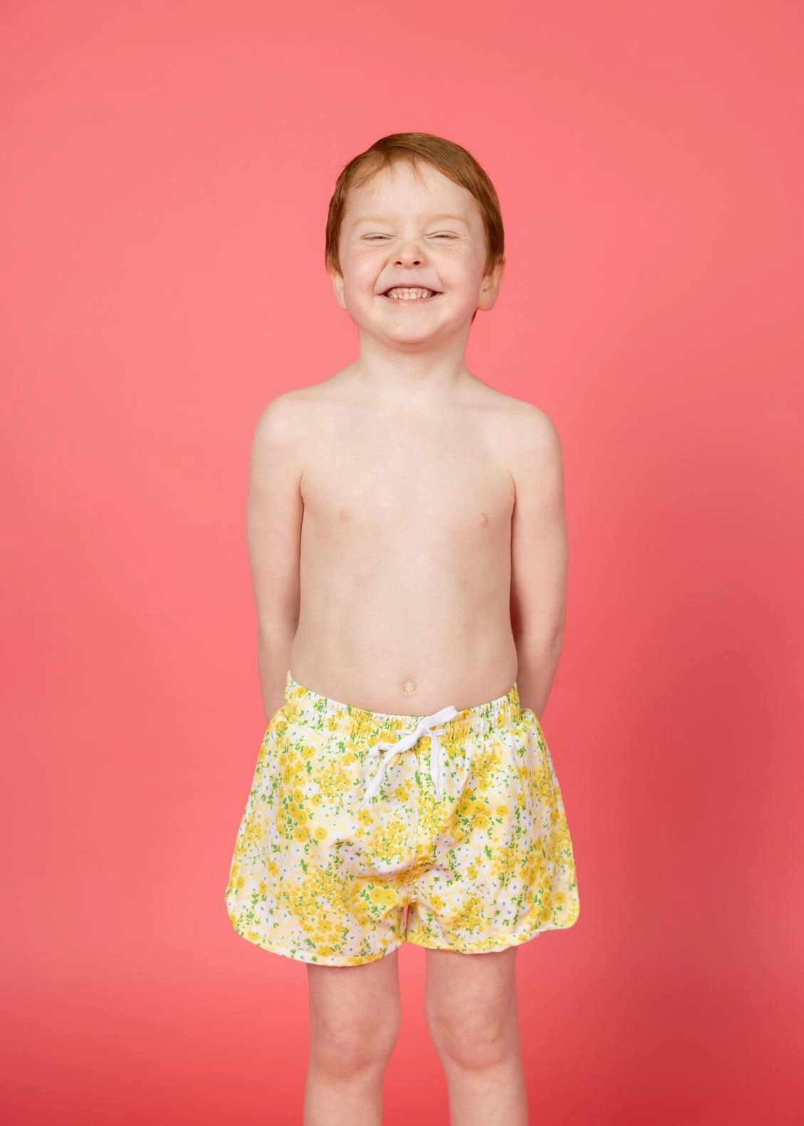 Yellow Meadow | Mini Retro Shorties boys summer swimwear, boys rash guard swim sets