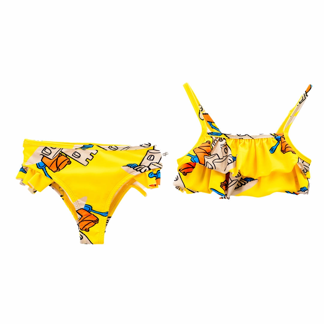 Yellow Sand Castle Print Two Piece Swimsuit cute swimsuits for teen girls, modest teen swimwear